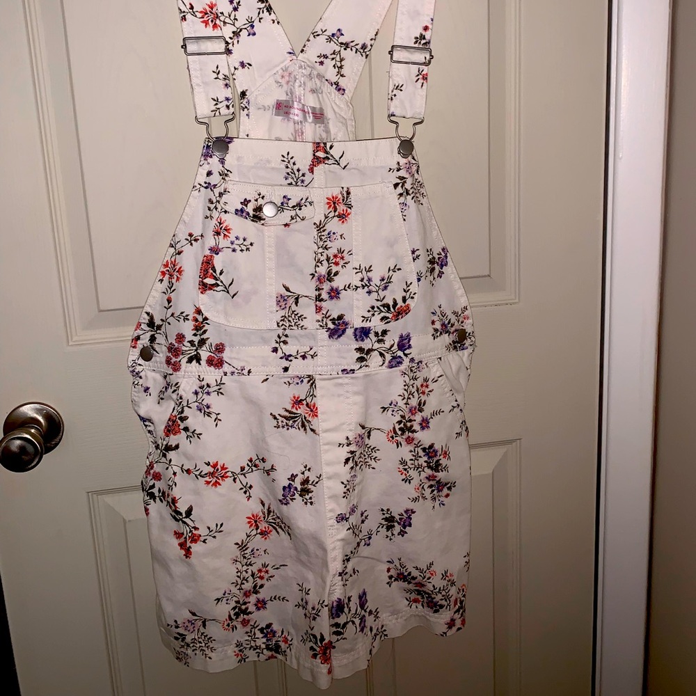 White & Floral Denim Overalls